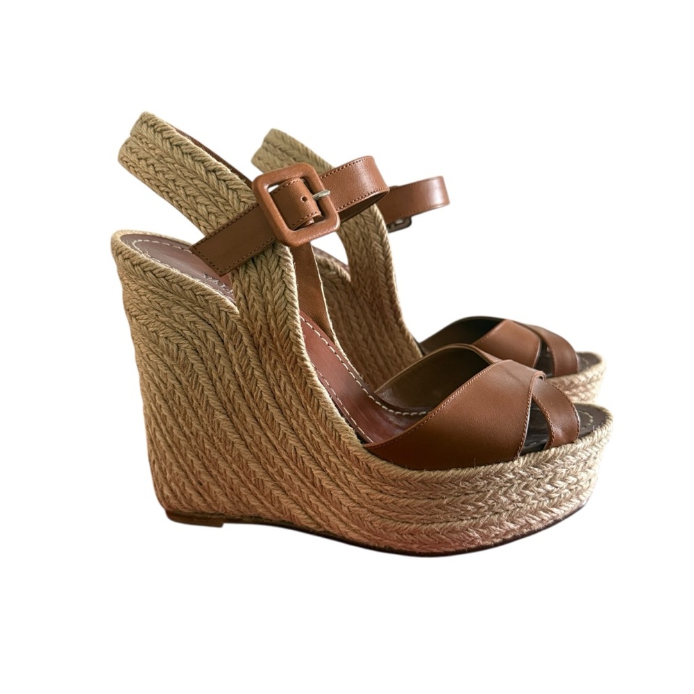 Valentino Brown Leather Espadrille Wedge Sandals